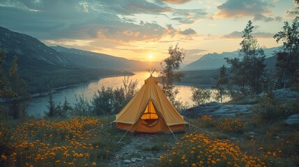 Wall Mural - A yellow teepee is set up in a field next to a river