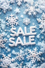 Canvas Print - A blue background with snowflakes and the words Sale written in white. Concept of winter and the excitement of a sale