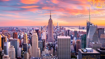 iconic new york city skyline at twilight: empire state building and one world trade center stand