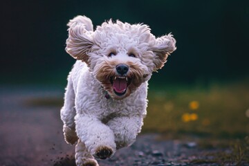 Wall Mural - A white dog is running on a road with its mouth open. The dog appears to be happy and excited