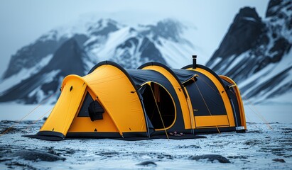 Sticker - A large yellow tent is set up in the snow