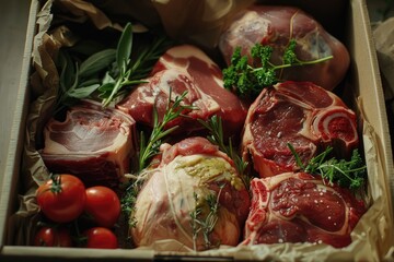 Wall Mural - A box of meat with herbs and tomatoes. The meat is cut into different shapes and sizes. The herbs and tomatoes are arranged around the meat, creating a colorful and appetizing display