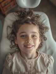 Wall Mural - A young girl with curly hair is smiling and sitting in a dentist chair. She is wearing a white dress and has a pair of earrings