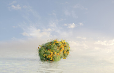 Poster - Natural beauty podium backdrop for product display with stone and flowers on the water. 3d seascape background.