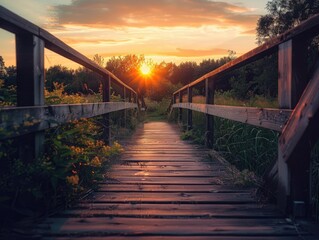 Wall Mural - A wooden bridge with a sun shining on it