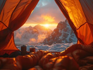 Wall Mural - A tent with a view of mountains and a sunset