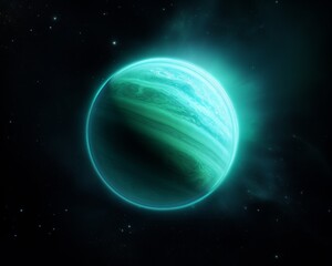 Wall Mural - A vibrant, glowing green planet with gaseous atmosphere, captured in the vast, dark expanse of outer space, surrounded by stars.