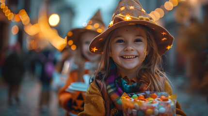 Wall Mural -  A group of children in colorful, creative costumes, laughing and holding bags of candy, under a streetlamp's soft glow on a foggy Halloween night