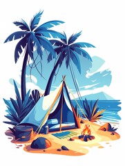 Wall Mural - A beach scene with a yellow tent and a fire