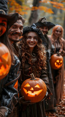 Wall Mural -  A group of friends in halloween costumes, holding carved pumpkins and laughing, captured in a candid moment against a backdrop of autumn trees