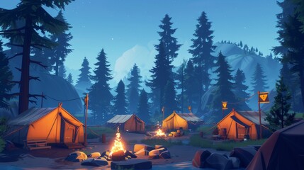 Sticker - A campsite with three tents and a fire pit