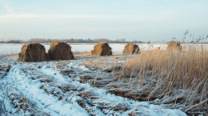 Wall Mural - Stacks of straw in the field during the winter season