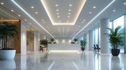 Wall Mural - White square LED down lights are installed in an office interior showcasing the modern design and lighting, featuring suspended white square tiles on high ceilings. Generative AI.