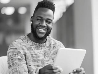 Poster - A man with a beard is smiling and holding a tablet. Concept of happiness and contentment, as the man is enjoying his time with the tablet