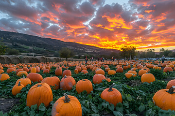 a wide shot of a pumpkin patch at sunset, with families picking pumpkins, the sky ablaze with warm c
