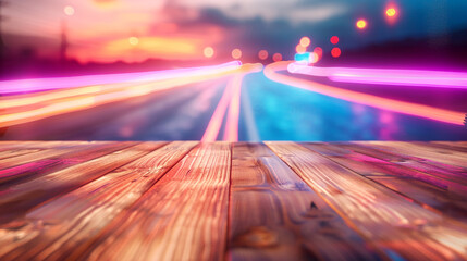 A polished wooden table with a backdrop of intense, blurred neon lights, the road lost in a dreamlike haze.