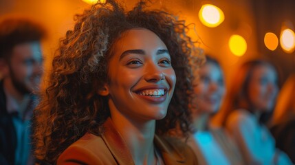 Wall Mural - A woman with curly hair is smiling at the camera