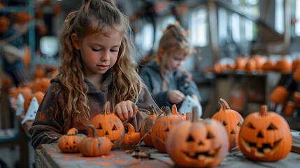 Wall Mural - Close-up shots of children eagerly painting mini pumpkins and crafting paper ghosts, captured in candid photography with double exposure, blending their youthful enthusiasm