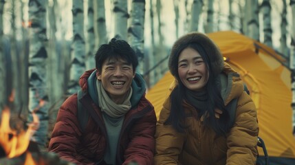 Wall Mural - A man and woman are smiling and sitting next to a yellow tent