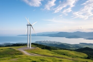 Solar panels and wind turbines in natural landscape for eco friendly renewable energy generation