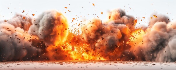 Wall Mural - Front view of an explosion with fire and smoke isolated on a white background
