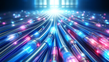 a network of glowing data cables. The cables are intertwined, with bright blue and pink lights indicating data transfer.