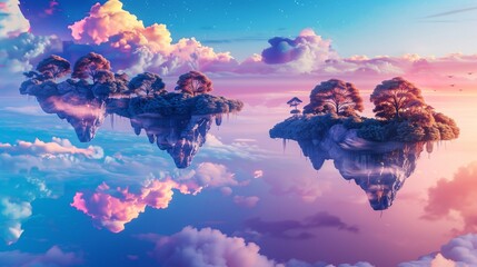 Wall Mural - AI-generated surreal landscape with floating islands and vibrant colors, art image