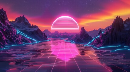 Wall Mural - Retro 80s synthwave design with neon grids and mountains, background image