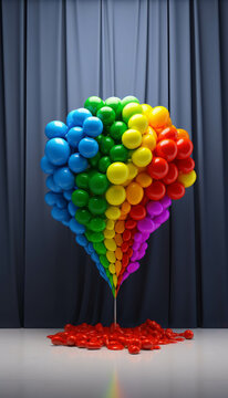 Colorful bunch of vibrant balloons arranged in a rainbow gradient, standing in front of a blue curtain, suitable for celebration and party themes.
