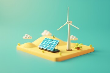 Wall Mural - 3d illustration of a windmill and trees with a solar panel  surrounded by nature.