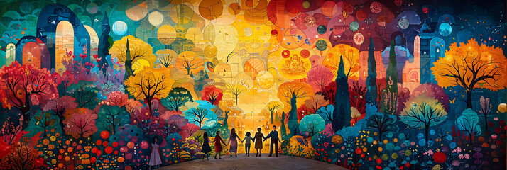 Wall Mural - vibrant printable mural of a lively street festival suited for adorning the walls of a community center's multipurpose hall celebrating the diversity and spirit of the local community