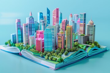 Wall Mural - 3d illustration of a book is opened to a page with a big city view