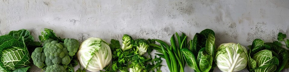 Wall Mural - Fresh Assorted Green Leafy Vegetables Panorama on White Background