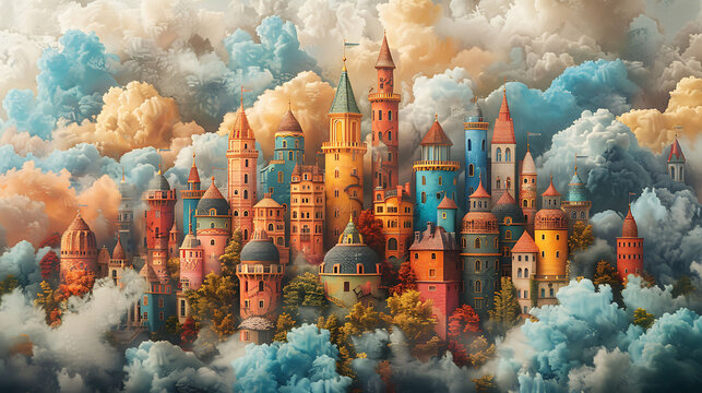 whimsical printable mural of a fantastical cityscape in the clouds ideal for transforming the walls of a children's hospital offering young patients a magical escape from reality