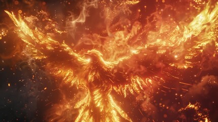 Wall Mural - Explore the mystical aura of a burning Phoenix, its fiery presence evoking awe and wonder as it rises from the ashes, immortalized in stunning HD realism.