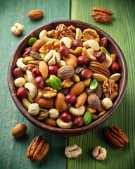 Wall Mural - Bowl of Mixed Nuts on a Green Wooden Table