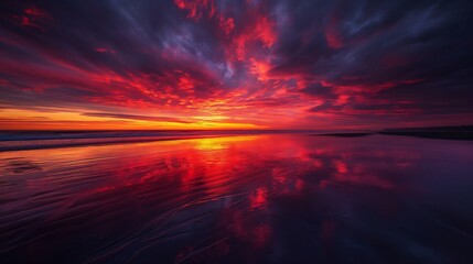 Wall Mural - A vivid beach sunrise with a sky ablaze in deep reds and purples, the colors mirrored in the wet sand at low tide, creating a symmetrical natural masterpiece.