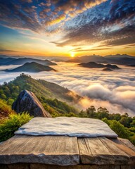 Poster - Breathtaking mountain view at sunset with a stone pathway.