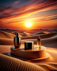 Wall Mural - Stunning sunset over a desert landscape with a modern table.