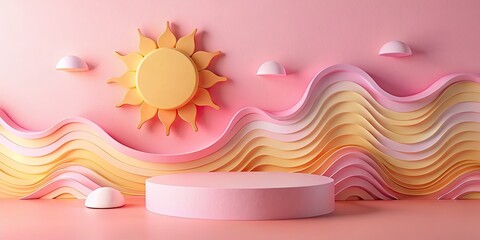 Canvas Print - Artistic display of a sun and waves on a pink background.