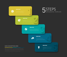 Wall Mural - Dark five solid green to blue card steps template with big numbers icons and description