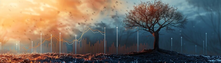 Wall Mural - A leafless tree with a downward trend graph in the background, financial downfall concept, highresolution, crisp and dramatic, professional image.