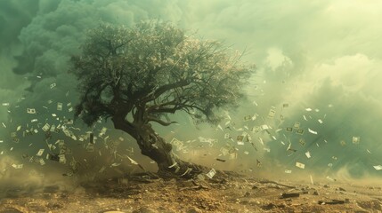 Wall Mural - A withered, leafless tree in a sandstorm with old banknotes around it, financial ruin theme, highresolution, sharp detail, dramatic and professional image.