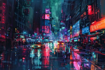 A city street with neon lights and cars driving by generated by AI