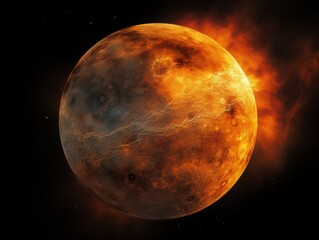 Wall Mural - A stunning close-up of a fiery, glowing planet in space with vibrant, colorful details against a dark cosmic background.