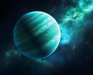 Wall Mural - A stunning digital illustration of a blue-green planet with swirling clouds set against a vibrant cosmic backdrop filled with stars and nebulae.