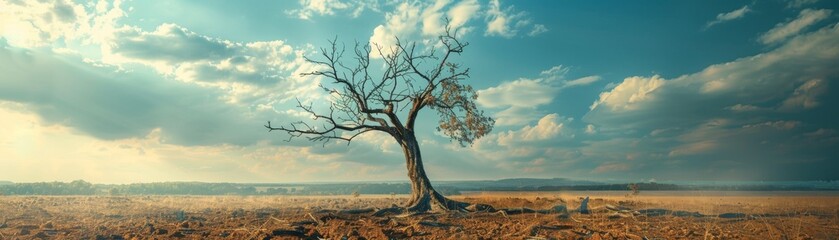 Wall Mural - A dead tree with a negative financial loss message, representing economic ruin, sharp and vivid, highquality, clear and somber image.
