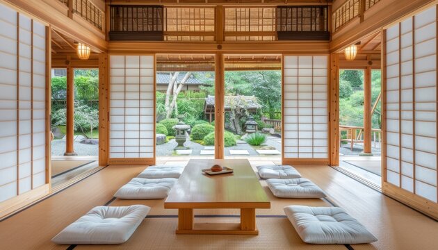 a traditional japanese living room with tatami mats, sliding doors, and wooden furniture,