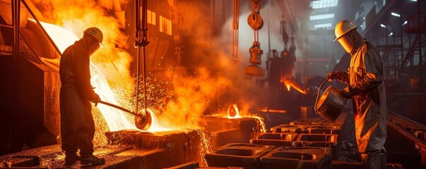 Workers in a steel mill pouring molten metal into molds, heavy industry, illustration, glowing and dark tones