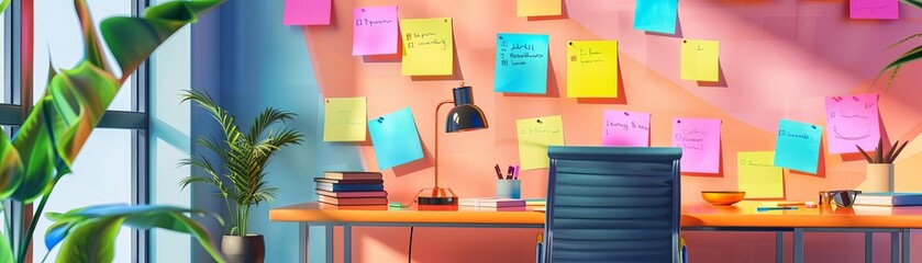 Colorful office workspace with sticky notes on a wall, a desk with a chair, a lamp, and potted plants, providing vibrant inspiration and organization.